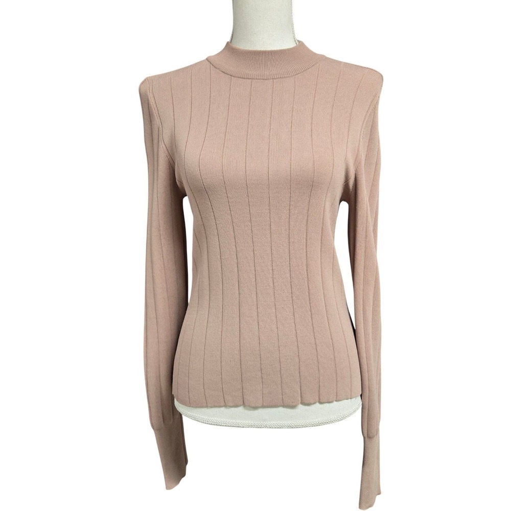 All Row Pink Ribbed Mock Neck Sweater Long Sleeve Puff Shoulder Women's S